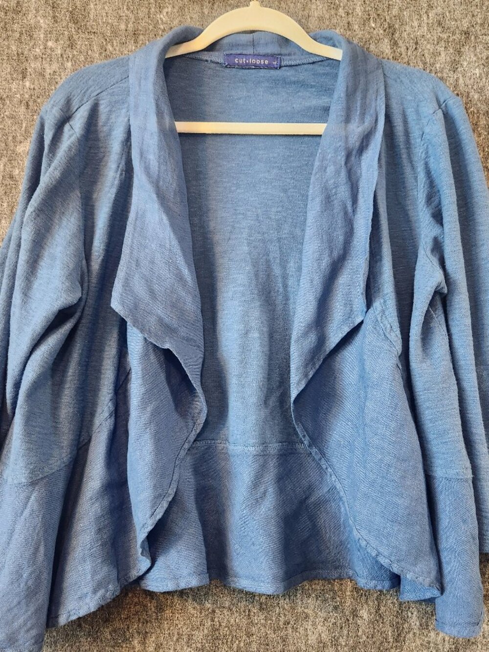 Cut Loose Linen Cotton Drape Neck Cardigan Jacket Large Blue Made in USA Boho